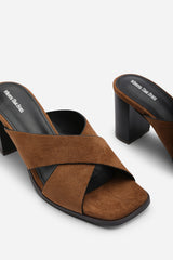 Livana Crossover Strap Block Heel Sandal in Cognac Suede