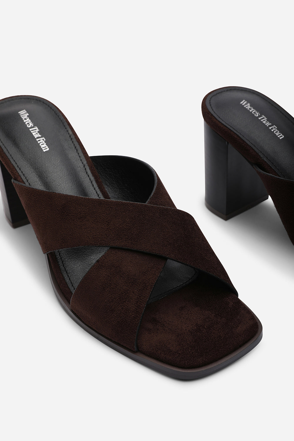 Livana Crossover Strap Block Heel Sandal in Dark Brown Suede