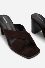 Livana Crossover Strap Block Heel Sandal in Dark Brown Suede