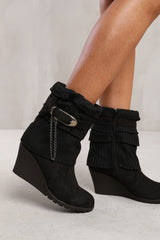 MAYLAH WEDGE HEEL SLOUCHY ANKLE BOOTS WITH KNITTED COLLAR IN BLACK