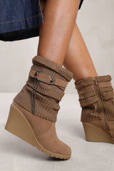 MAYLAH WEDGE HEEL SLOUCHY ANKLE BOOTS WITH KNITTED COLLAR IN KHAKI