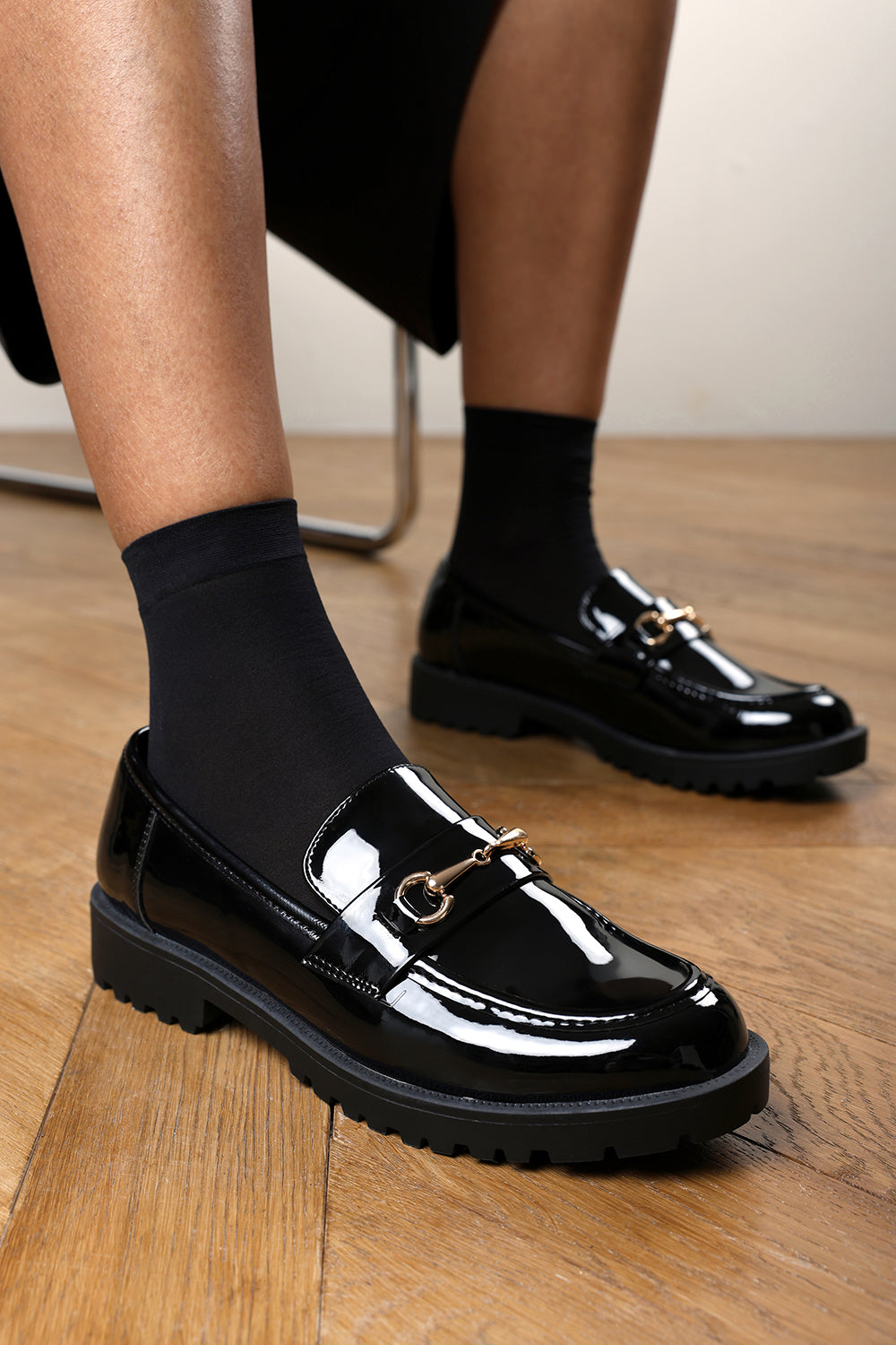 Aadhya Chunky Snaffle Trim Detail Loafers in Black Patent