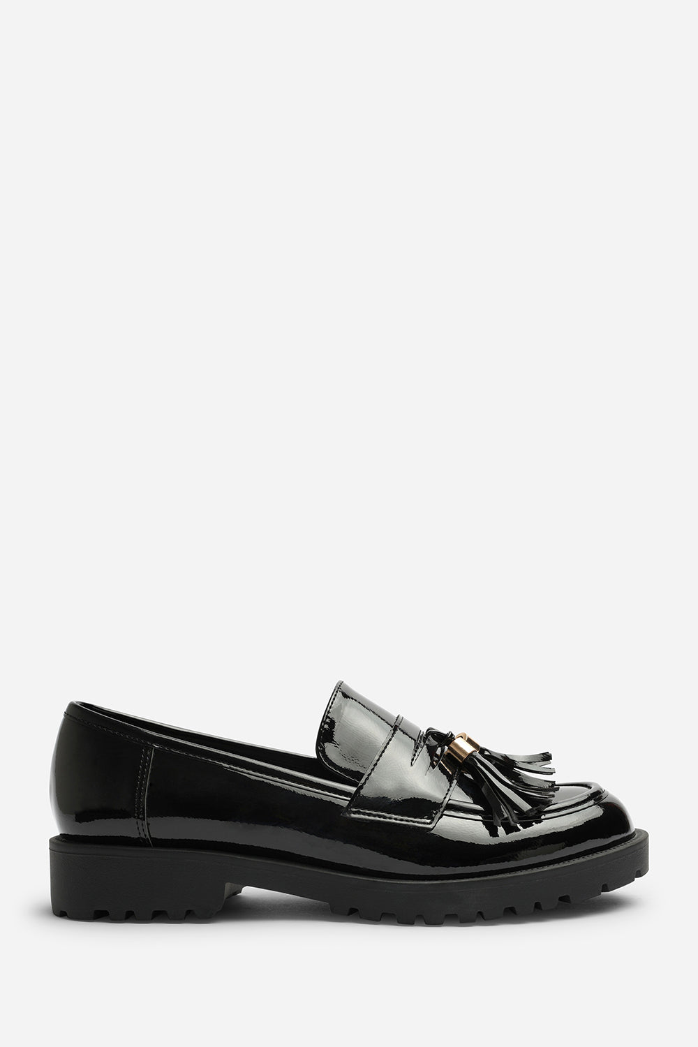 Elyse Chunky Tassel Trim Detail Patent Loafers In Black Patent