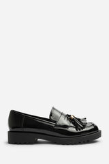 Elyse Chunky Tassel Trim Detail Patent Loafers In Black Patent