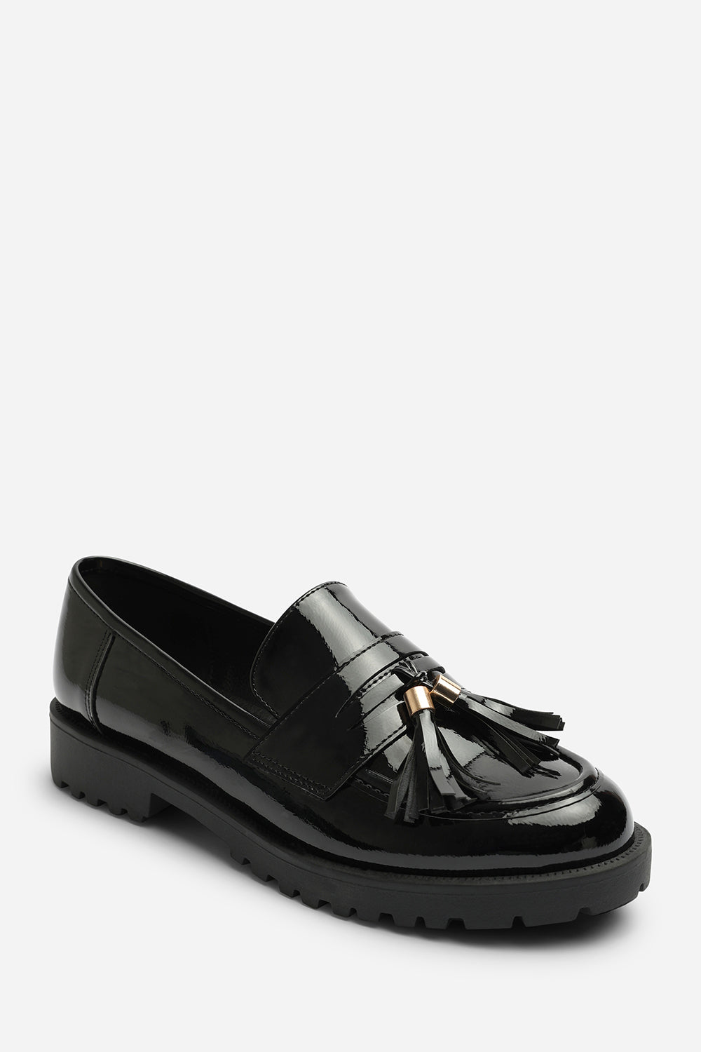 Elyse Chunky Tassel Trim Detail Patent Loafers In Black Patent