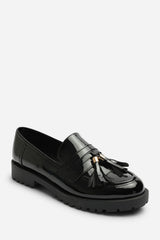 Elyse Chunky Tassel Trim Detail Patent Loafers In Black Patent