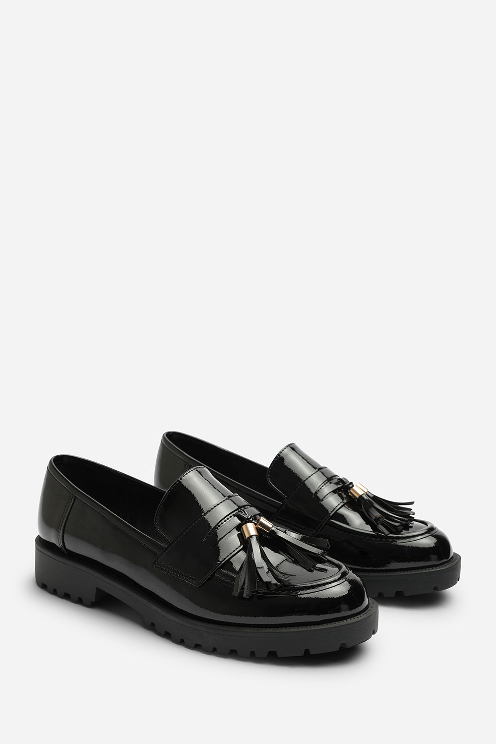Elyse Chunky Tassel Trim Detail Patent Loafers In Black Patent