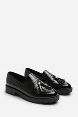 Elyse Chunky Tassel Trim Detail Patent Loafers In Black Patent