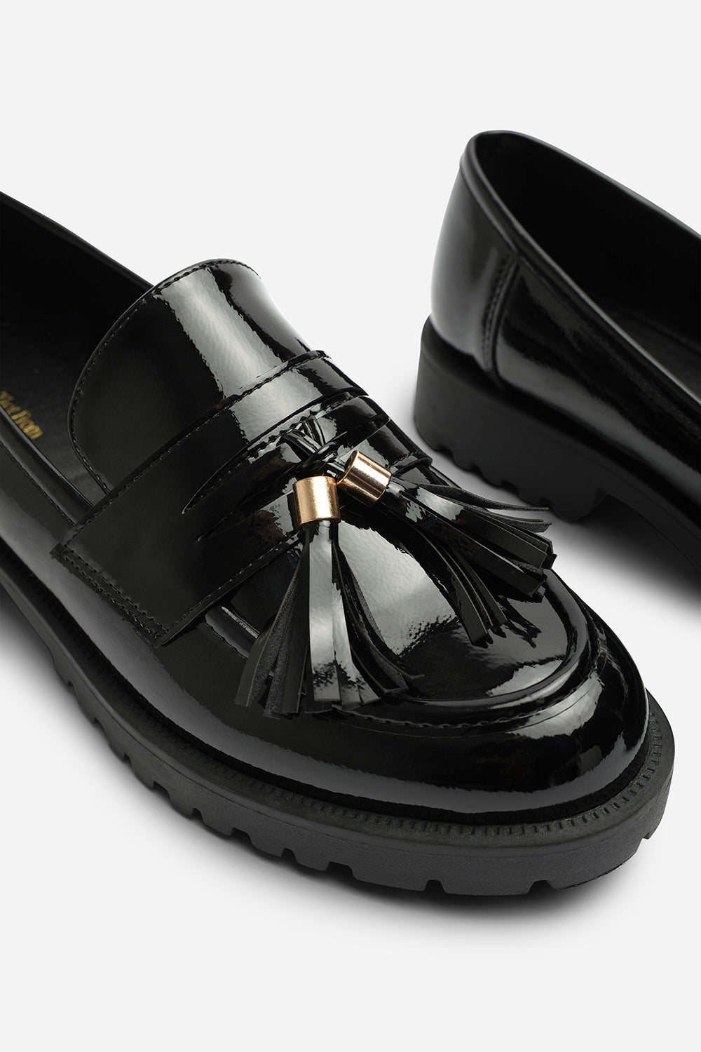 Elyse Chunky Tassel Trim Detail Patent Loafers In Black Patent