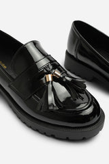 Elyse Chunky Tassel Trim Detail Patent Loafers In Black Patent
