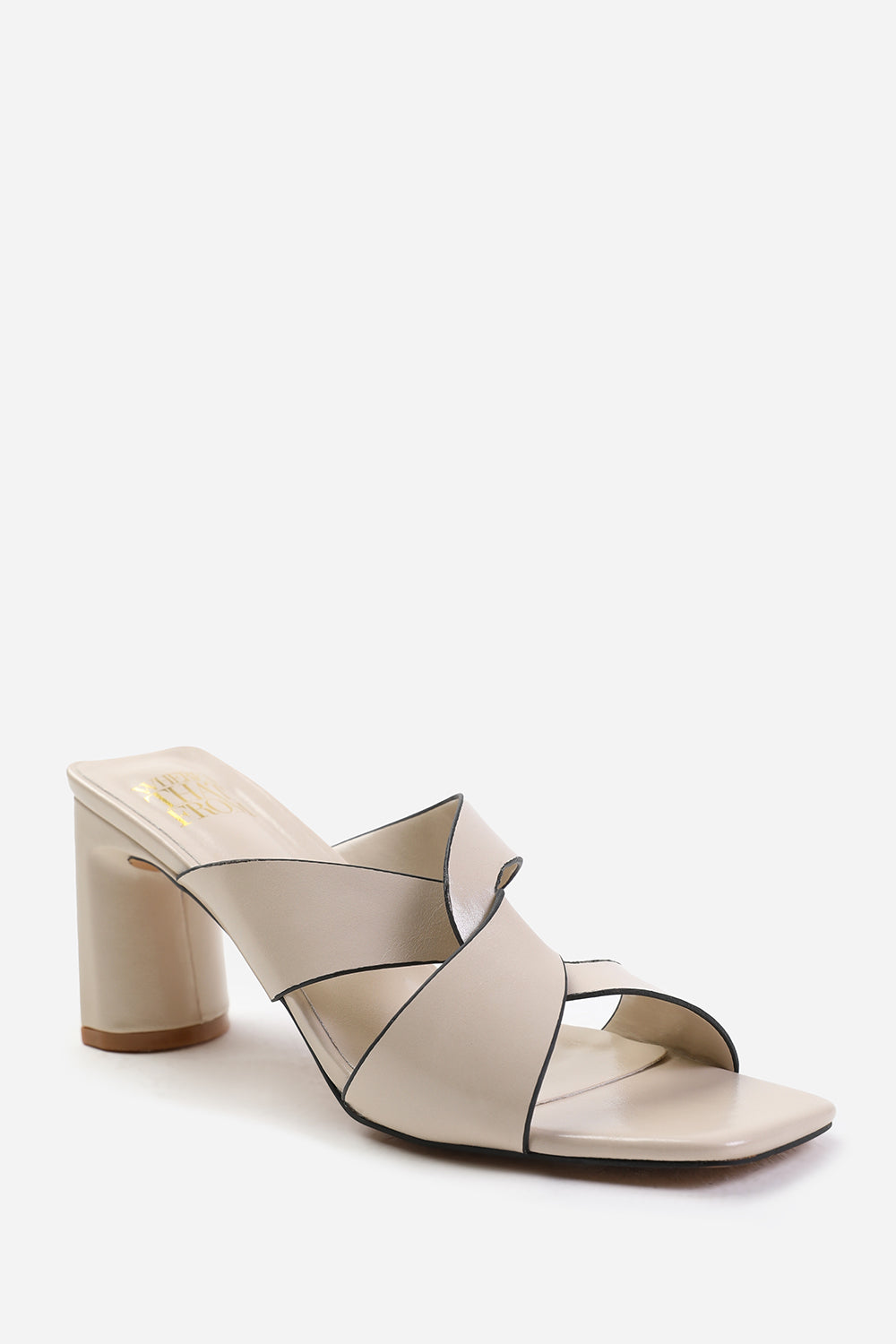 MANILA TWIST OVER STRAP BLOCK HEEL MULES IN BEIGE FAUX LEATHER