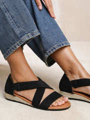 HUMMINGBIRD LOW WEDGE SHOES WITH CROSS OVER STRAP IN BLACK SUEDE