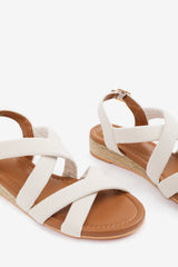 VIOLET WIDE FIT LOW WEDGE SHOES WITH BUCKLE CLOSURE & CROSS OVER STRAP IN CREAM SUEDE