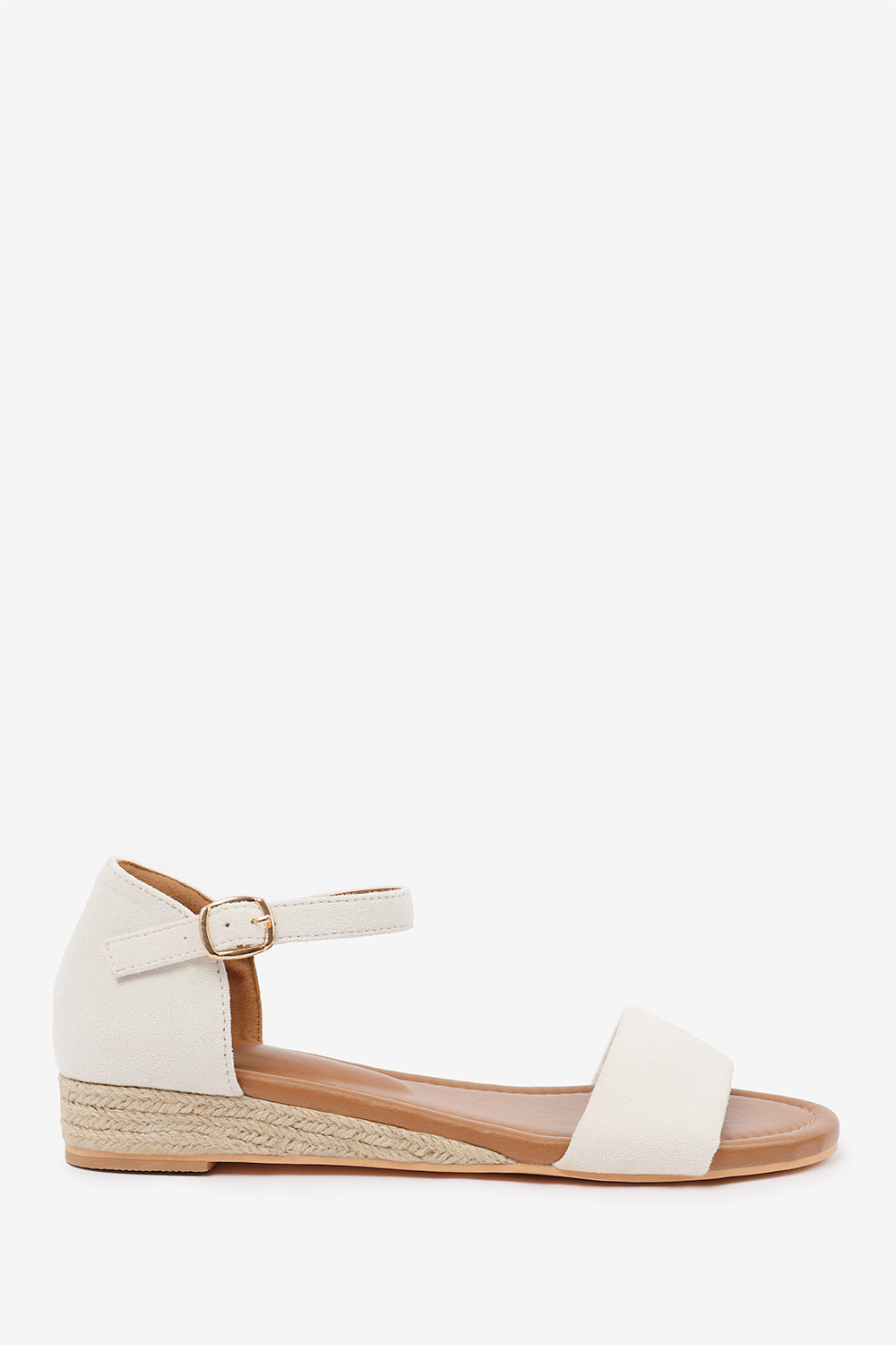 ELEANOR LOW WEDGE SHOES WITH ADJUSTABLE ANKLE STRAP IN CREAM SUEDE