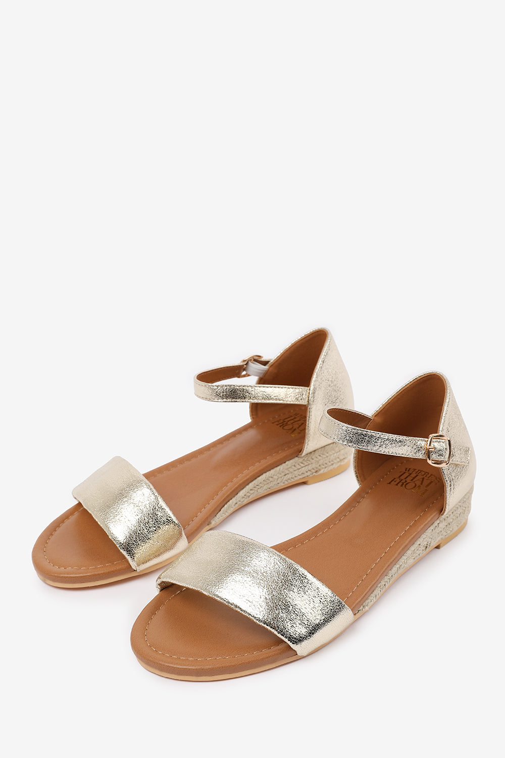 ELEANOR LOW WEDGE SHOES WITH ADJUSTABLE ANKLE STRAP IN GOLD METALLIC FAUX LEATHER