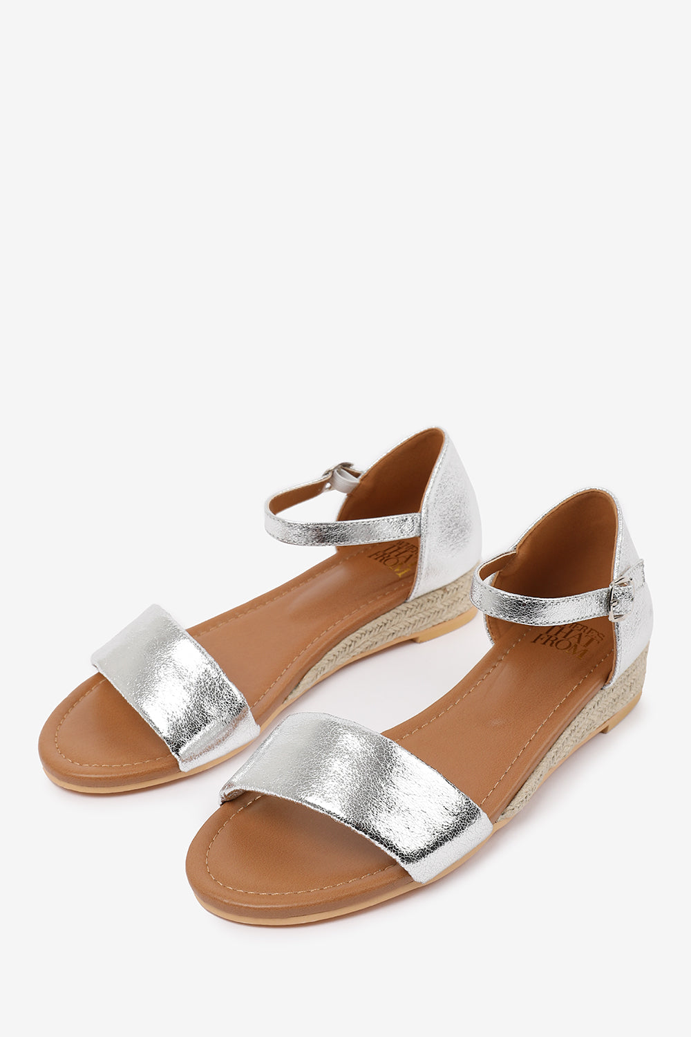 ELEANOR LOW WEDGE SHOES WITH ADJUSTABLE ANKLE STRAP IN SILVER METALLIC FAUX LEATHER