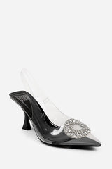 OPAL PERSPEX LOW HEEL SANDALS WITH EMBELLISHED DETAIL IN BLACK PATENT