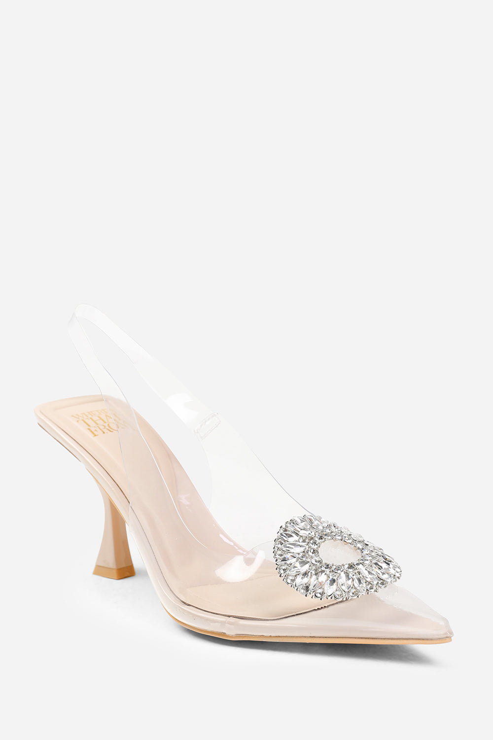 OPAL WIDE FIT PERSPEX LOW HEEL SANDALS WITH EMBELLISHED DETAIL IN NUDE FAUX LEATHER