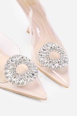 OPAL WIDE FIT PERSPEX LOW HEEL SANDALS WITH EMBELLISHED DETAIL IN NUDE FAUX LEATHER