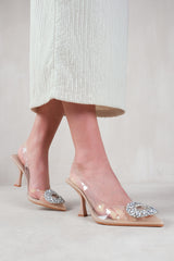 OPAL PERSPEX LOW HEEL SANDALS WITH EMBELLISHED DETAIL IN NUDE FAUX LEATHER