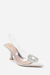 OPAL WIDE FIT PERSPEX LOW HEEL SANDALS WITH EMBELLISHED DETAIL IN SILVER CHROME