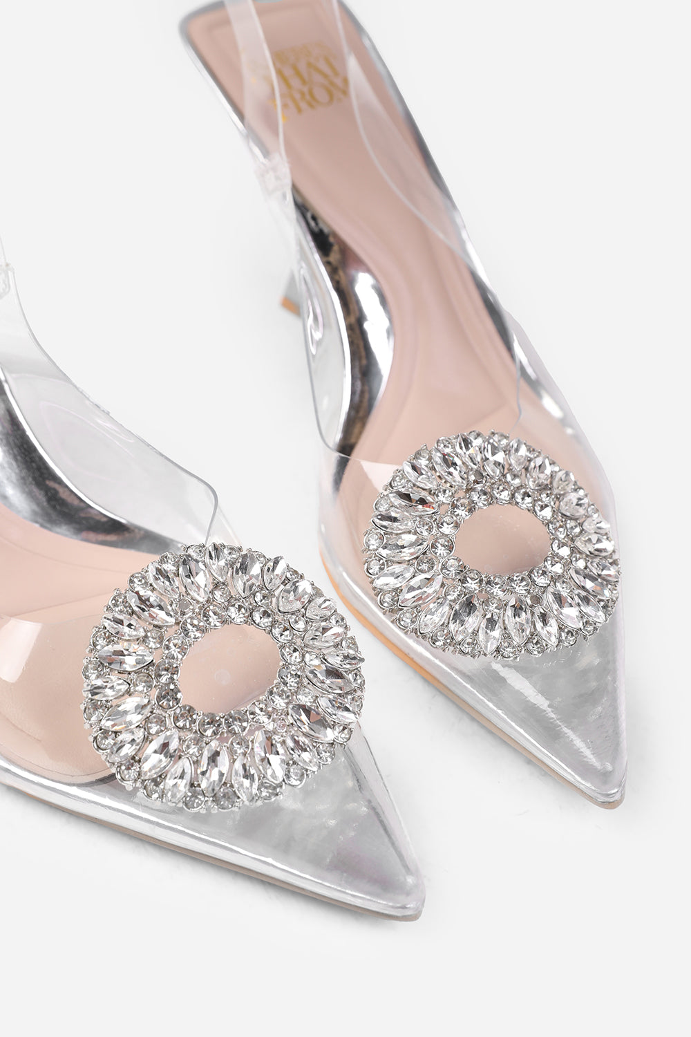 OPAL WIDE FIT PERSPEX LOW HEEL SANDALS WITH EMBELLISHED DETAIL IN SILVER CHROME