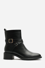 Elvara Black Low Block Heel Ankle Boot With Strap Detail