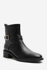 Elvara Black Low Block Heel Ankle Boot With Strap Detail