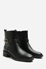Elvara Black Low Block Heel Ankle Boot With Strap Detail