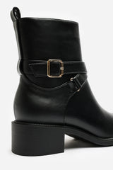 Elvara Black Low Block Heel Ankle Boot With Strap Detail