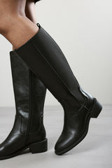 Evara Low Block Heel Elastic Stretch Knee High Riding Boot In Black