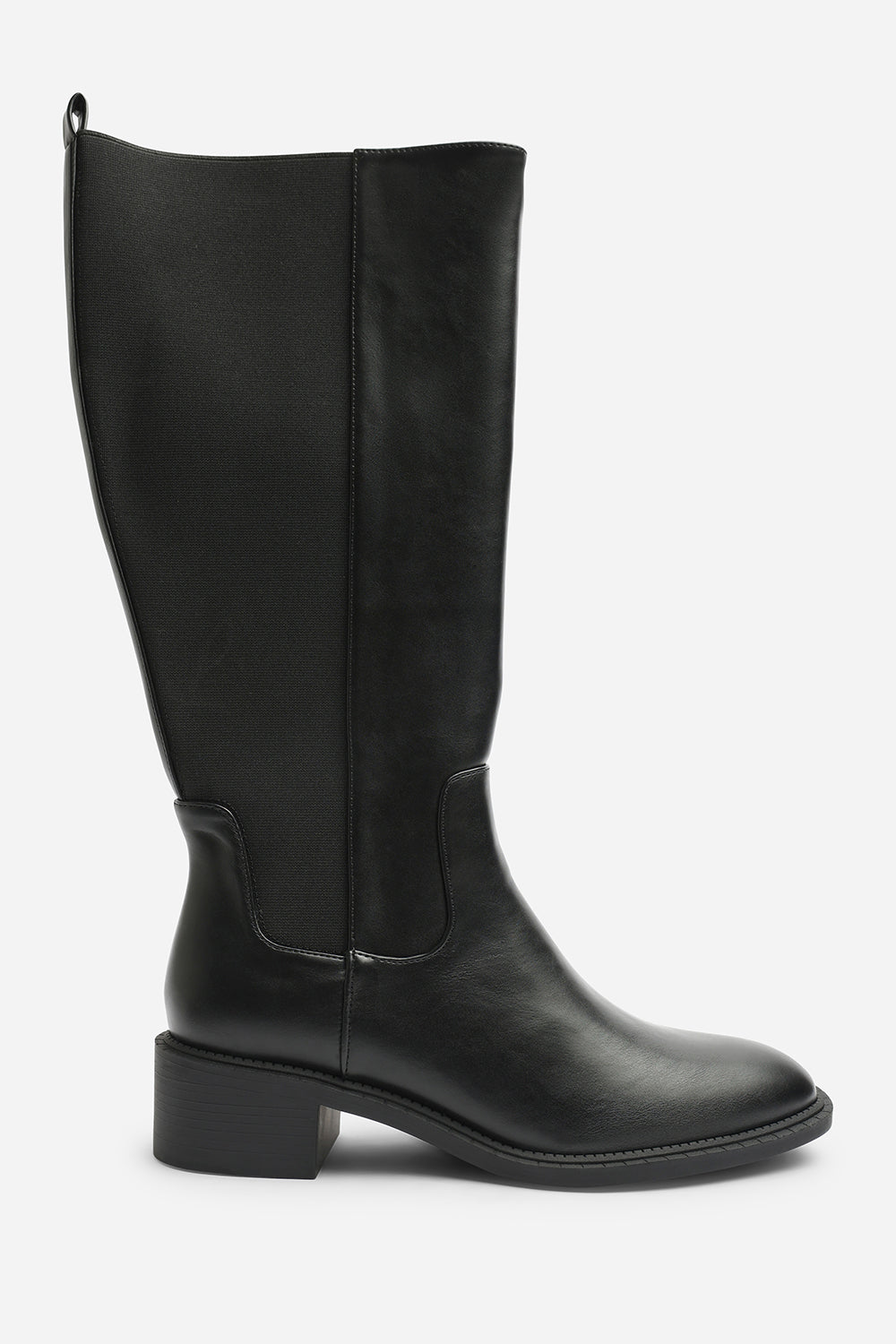 Evara Low Block Heel Elastic Stretch Knee High Riding Boot In Black