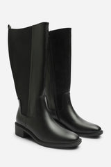 Evara Low Block Heel Elastic Stretch Knee High Riding Boot In Black