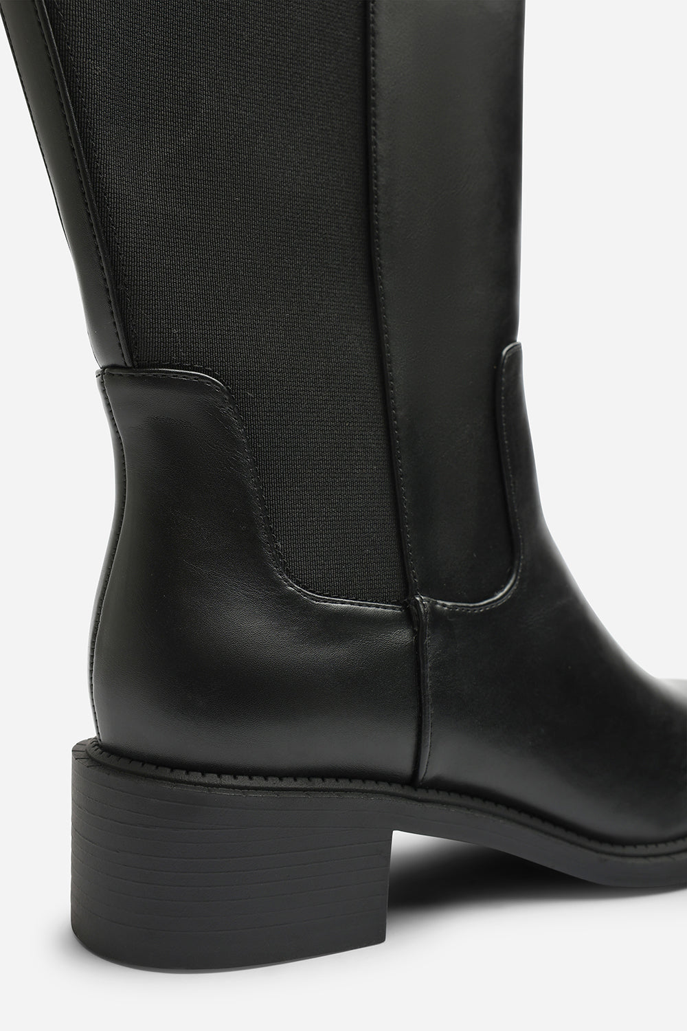 Evara Low Block Heel Elastic Stretch Knee High Riding Boot In Black
