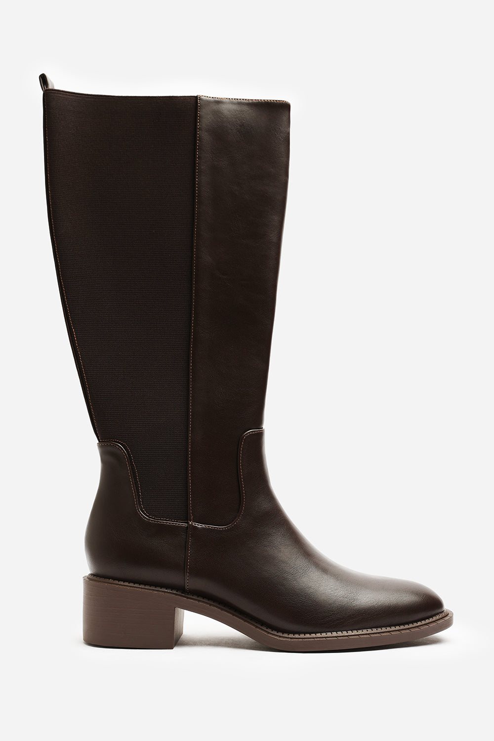 Evara Low Block Heel Elastic Stretch Knee High Riding Boot In Dark Brown