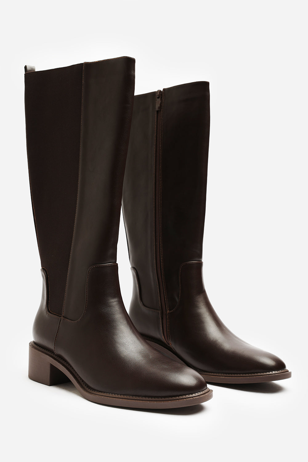 Evara Low Block Heel Elastic Stretch Knee High Riding Boot In Dark Brown
