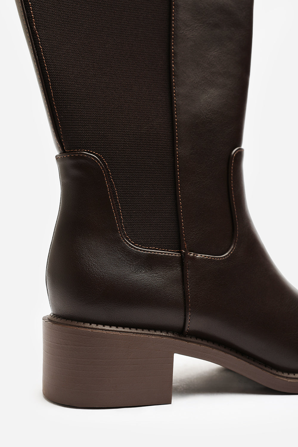 Evara Low Block Heel Elastic Stretch Knee High Riding Boot In Dark Brown