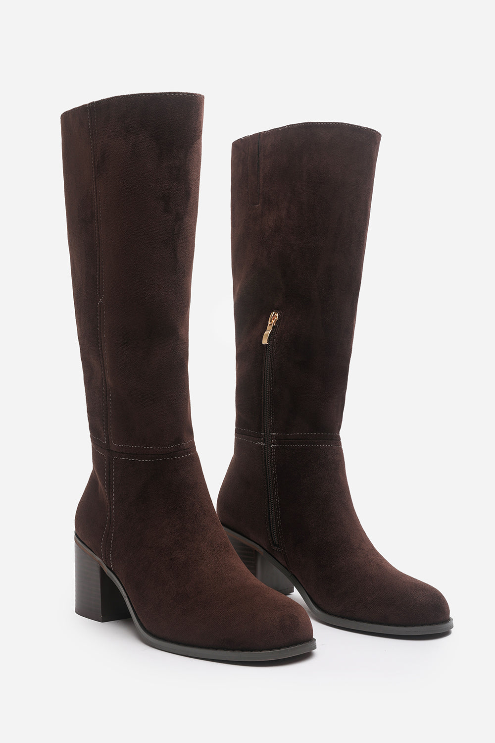 Colette Wide Fit Dark Brown Suede Knee High Block Heel Boot