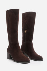 Colette Wide Fit Dark Brown Suede Knee High Block Heel Boot