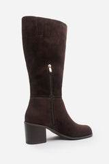 Colette Wide Fit Dark Brown Suede Knee High Block Heel Boot