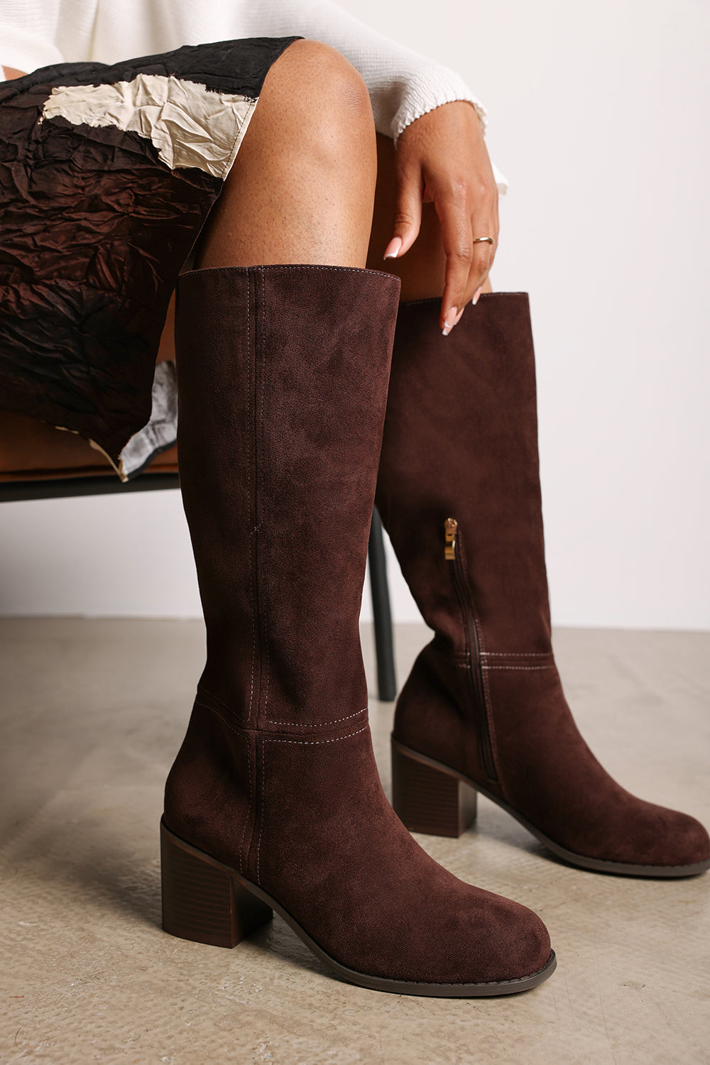 Colette Wide Fit Dark Brown Suede Knee High Block Heel Boot