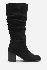 Kalenae Black Faux Suede Ruched Block Knee High Boot