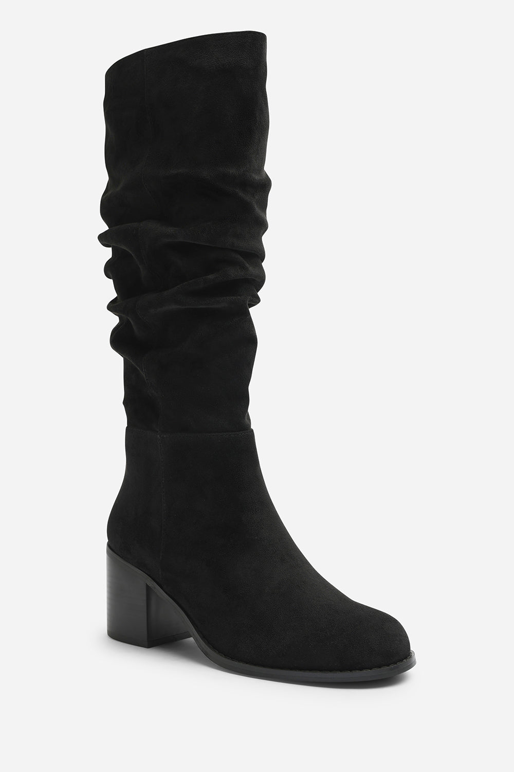 Kalenae Black Faux Suede Ruched Block Knee High Boot