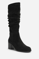 Kalenae Black Faux Suede Ruched Block Knee High Boot