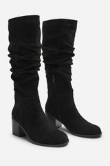 Kalenae Black Faux Suede Ruched Block Knee High Boot