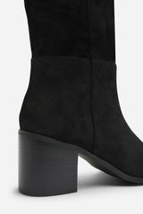 Kalenae Black Faux Suede Ruched Block Knee High Boot