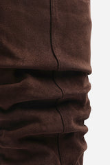 Kalenae Dark Brown Faux Suede Ruched Block Knee High Boot