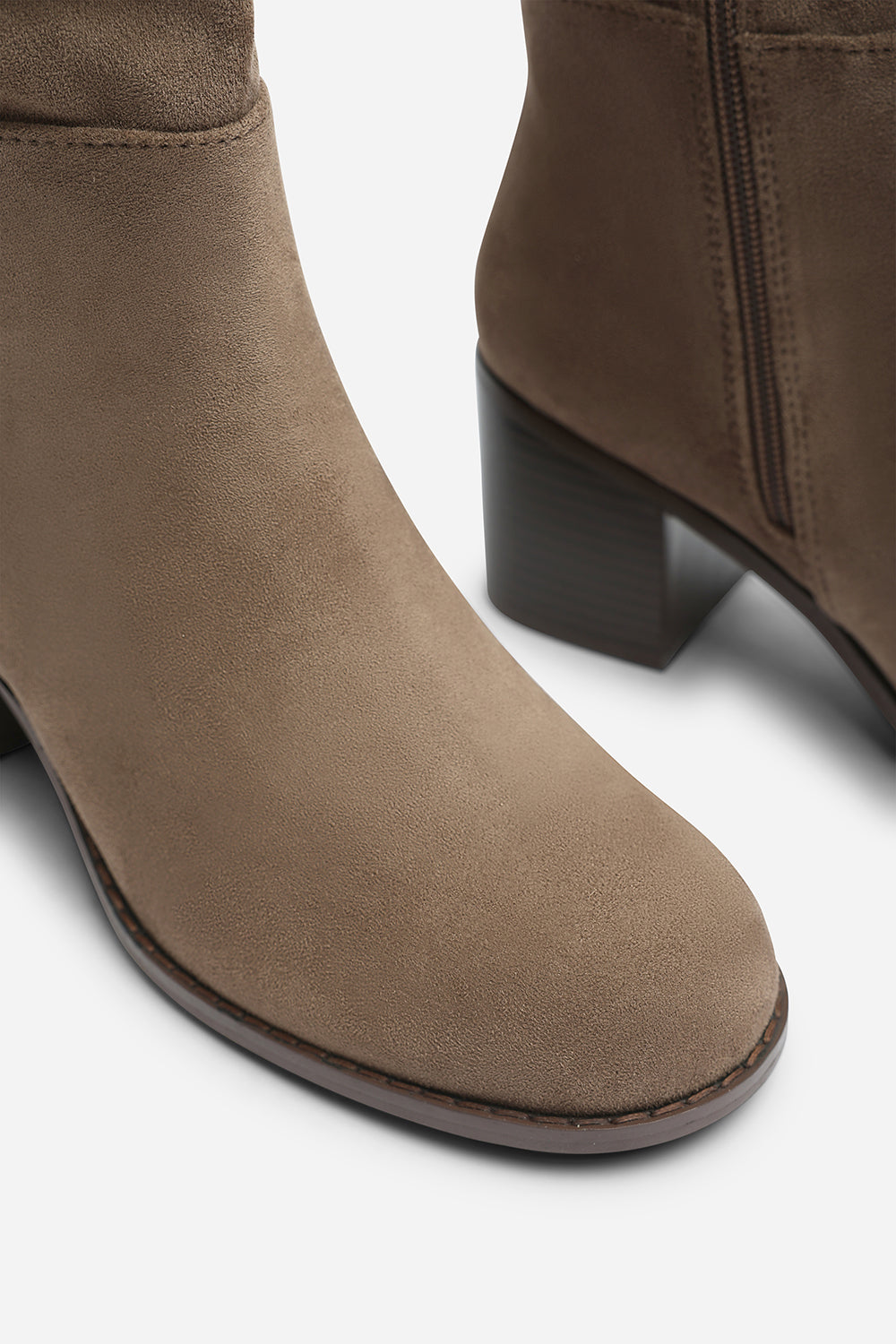 Kalenae Taupe Faux Suede Ruched Block Knee High Boot