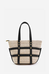 CIELO SMALL RAFFIA BAG WITH STUDD DETAIL AND CROSS BODY STRAP IN BLACK