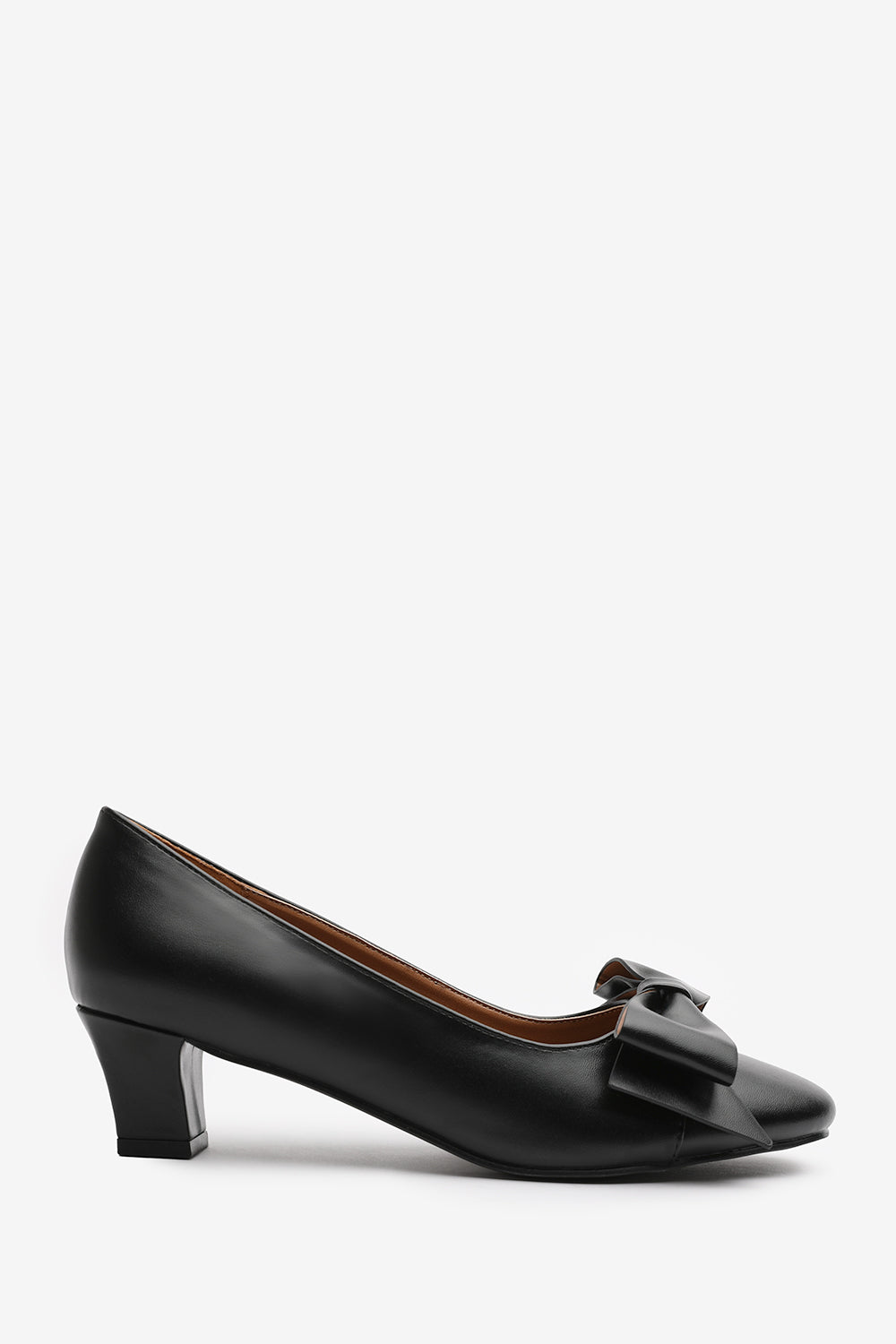 Georgia Wide Fit Mid Heel Court Shoes With Bow Detail In Black Faux Leather